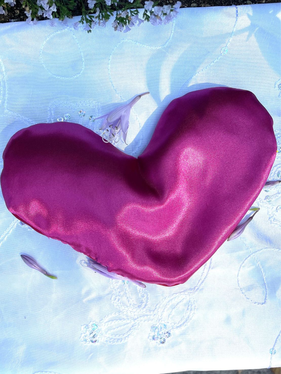 Handmade lavender flax seed heart-shaped eye pillow. Soothe tired eyes.