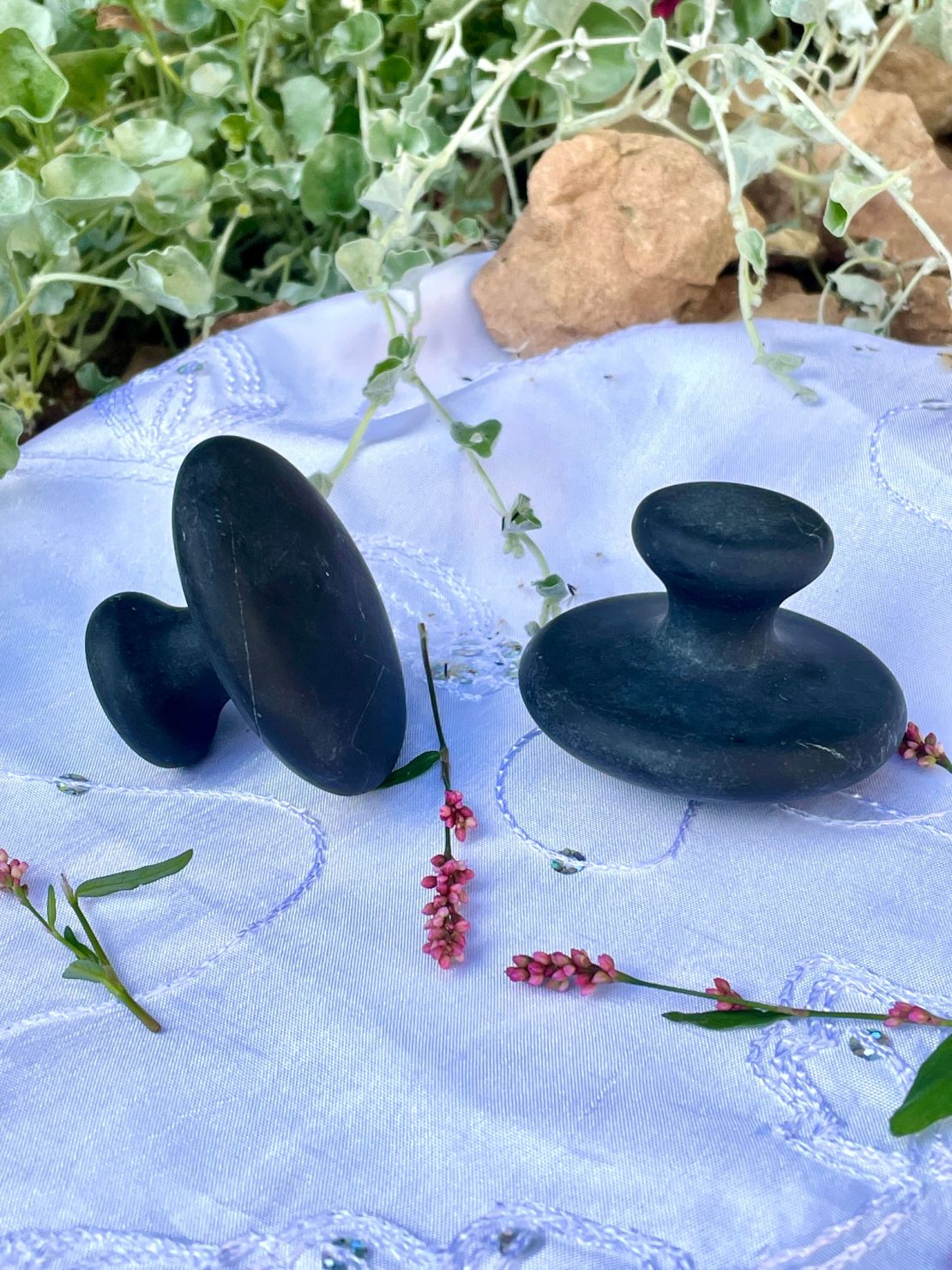 Mushroom shaped basalt stones for massage therapy